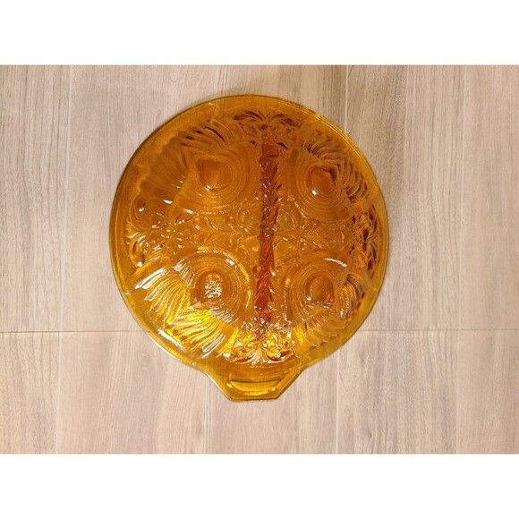 VTG Amber Glass Divided Dish – 9.5" Floral Embossed, Mid-Century Serving Tray - Picture 2 of 5